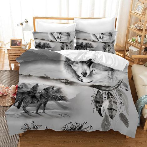 Bettwäsche Set 200x200 cm mit Wolf Motiv, 3D Tiermuster, Mikrofaser, 1 Bettbezug & 2 Kissenbezüge