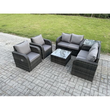 Fimous 6 Seater Rattan Sofa Set Outdoor Garden Furniture Set with Square Coffee Table Loveseat Sofa Reclining Chairs Side Table  Dark Grey Mixed (1/5)