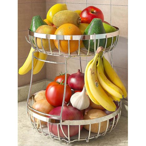 Corbeille à fruits 2 niveaux métal, corbeille comptoir cuisine XL argentée, empilable, 2 supports à bananes, pour pain et légumes (1/5)