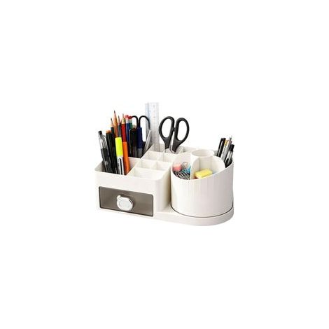 Organisateur de Bureau Rotatif 15 Compartiments + 1 Tiroir, Pot à Crayons Tournant 360° pour Rangement Fournitures Scolaires, Maquillage et Accessoires Bureau (Blanc) (1/5)