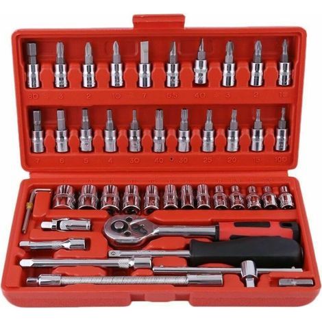 Jeu de Clés à Douilles, 46pcs 1/4" Clé à Cliquet Avec Boîte à Outils,4-14mm Cr-V Clé à Douilles, Embouts de Tournevis,Barres D'extension pour la Mais-Crezuo (1/4)