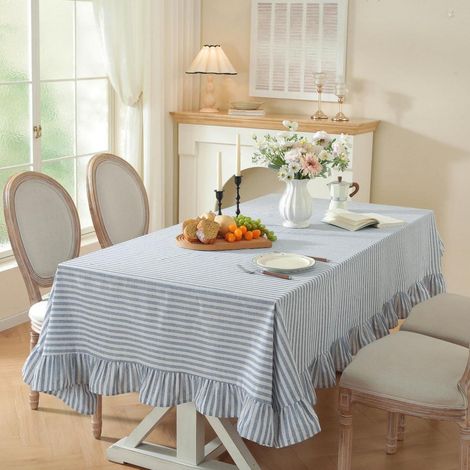 Nappe coton lin avec volants 140x220cm Style campagnard Bleu-Blanc