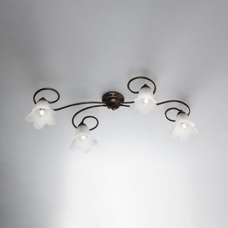 Plafón de hierro Marrón Oro con cuatro pantallas de cristal blanco 87x40x h17 cm