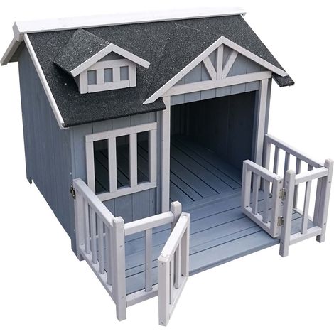Cuccia per cani Luxus XL con patio in legno per uso esterno (1/4)