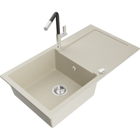 Mexen Leo 1 Becken-Granitspüle mit Abtropffläche und Mischbatterie Flora, Beige - 6501-69-670401-07 (1/5)