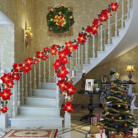 Guirlande De Noël En Forme De Poinsettia - Guirlande Artificielle À Led - Alimentée Par Piles - Ip42 - Pour Porte, Cheminée, Rampe Ou Table - 22 Cm - Rouge (1/5)