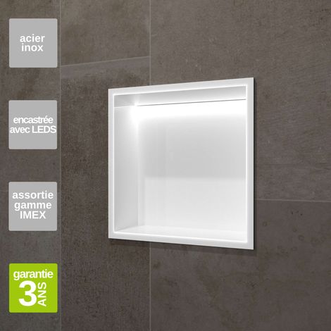 Niche de Douche Mural Éclairage Led 33 x 33 cm - Rangement Salle de Bain en finition Blanc Satiné - INDIC