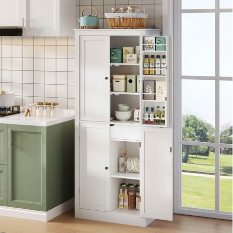 Buffet haut de cuisine en MDF blanc 75 x 40 x 182 cm, avec étagères, rangements de porte et tiroir intérieur (1/5)