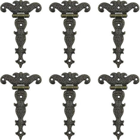 Charnières antiques, charnières décoratives rétro sculptées en bronze pour portes, armoires et boîtes à bijoux (6 pièces)