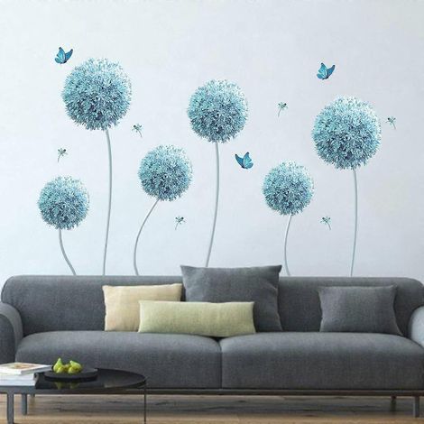 Stickers muraux bleus à fleurs, pissenlits et papillons, décoration murale pour salon ou chambre (1/5)