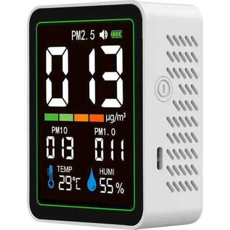 Monitor de partículas para interiores 5 en 1 con pantalla LCD a color, seguimiento de PM1.0, PM2.5 y PM10, visualización de temperatura y humedad, recargable mediante USB-C, formato portátil.