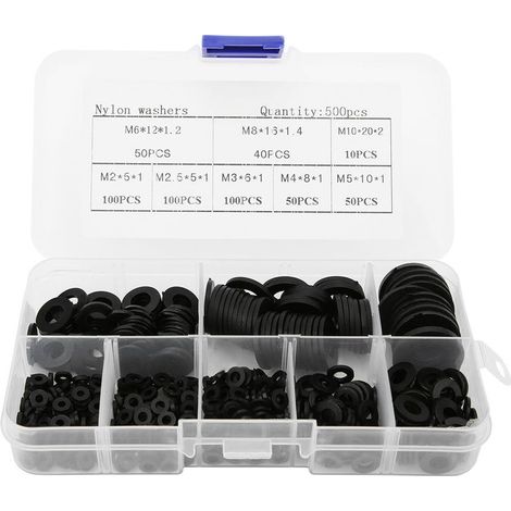 Lot de 500 Rondelles Plates en Nylon Noir, Assortiment M2 M2.5 M3 M4 M5 M6 M8 M10, Visserie et Fixations Durables, Boîte Complète (1/5)