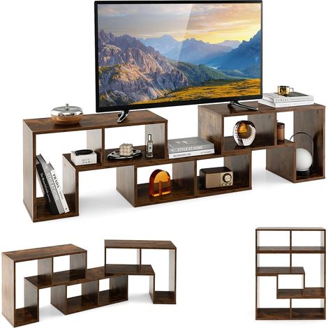 Costway – Meuble TV extensible 140-170cm – 6 compartiments – Style minimaliste moderne – Bois marron rustique – Pour TV jusqu'à 65 pouces (1/5)