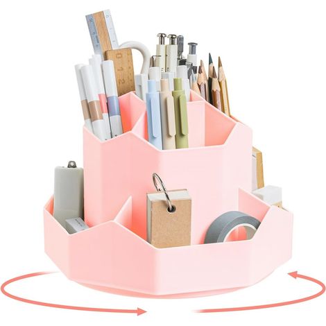 Organisateur De Bureau - Support À Stylos Pivotant 360° - 9 Compartiments - Pour École Bureau Maison - Rose
