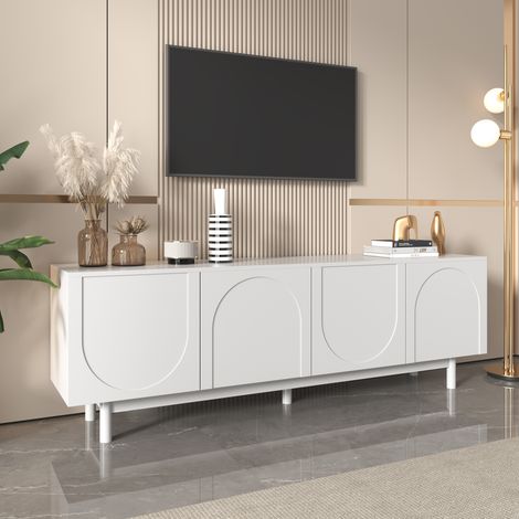 Meuble TV 175 cm avec 4 Portes Sculptées Arches, Ouverture Push-to-Open, Étagères Réglables, Pieds Stables, Console TV pour Salon Style Minimaliste Contemporain - Blanc (1/5)