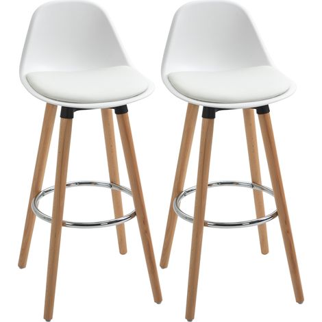 Lot de 2 tabourets de bar scandinaves avec dossier, coussin et repose-pieds, bois et plastique blanc