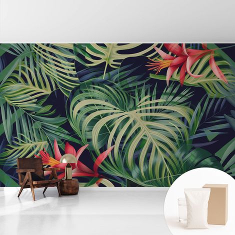 Papier peint intissé pour salon chambre à coucher peint imprimé Installation facile - Colle incluse gratuite Plantes exotiques 416x254 cm (1/5)