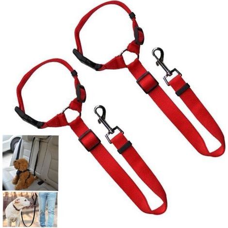 Set di 2 cinghie regolabili per cintura di sicurezza auto per cani, imbracatura di sicurezza per viaggi, colore rosso (1/4)