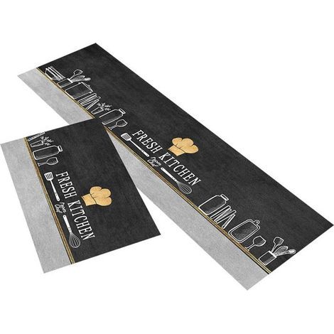 Set of 2 Non-Slip Kitchen Mats - 40 x 60 cm & 40 x 120 cm - Grey Color