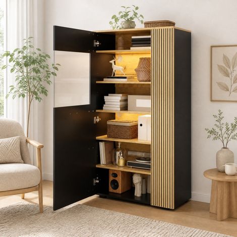 Mueble de almacenaje LED 80 x 40 x 146 cm con puerta de cristal, 3 estantes fijos, HAVRYA (1/5)