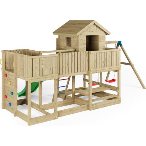 Casetta parco giochi in legno Fungoo Longstepper con scivolo, due altalene, tavolo picnic e arrampicata (1/5)