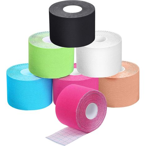 Bande de kinésiologie - 6 rouleaux de 5 m - Bande de sport élastique en coton - Autocollant pour muscles et articulations - 5 cm de large (Couleur de peau et noir et rose et bleu et blanc et vert clai (1/5)