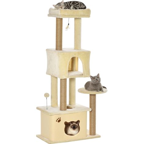 Arbre à chat beige géant 60x34x136 cm avec plateformes, niches en peluche et poteaux en jute, accessoire design sobre pour intérieur pratique et spacieux