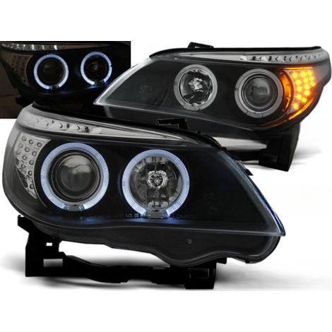 Paire de feux phares BMW serie 5 E60 de 2003 a 2007 Angel eyes noir + Cligno led-27361225