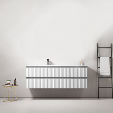 Mobile bagno sospeso cannettato 140 cm Bianco Lavabo a Sinistra in Resina Senza Specchio - Fiji Paint (1/4)