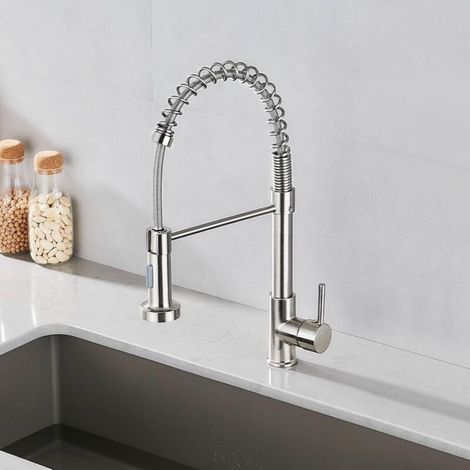Mitigeur de cuisine avec douchette extractible – Bec pivotant 360° – Pulvérisateur 2 modes – Laiton et acier inoxydable (1/5)