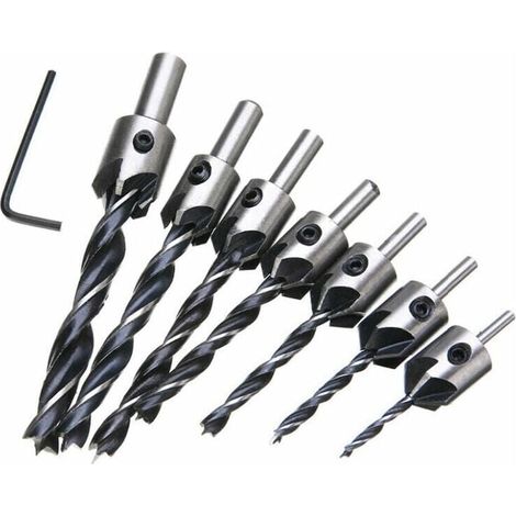 Wood Countersink Woodworking Drill Bit, 5-Flute Cone Drill Set, HSS High-Speed Steel Woodworking Reamer, Chamfering Tool 3, 4, 5, 6, 7, 8, 10 mm, with Hex Wrench, 7-Piece MUMU (1/4)