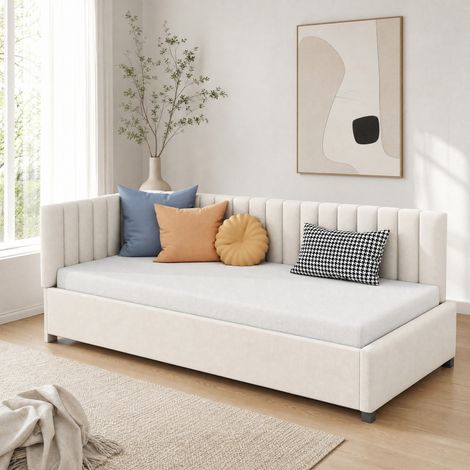 Divano letto 90x200 cm con rete a doghe, beige, struttura in legno, senza materasso FloraGrace (1/5)
