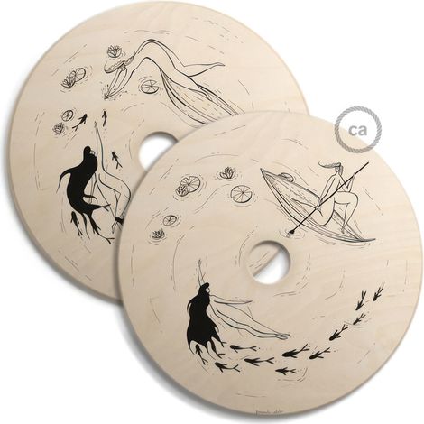 creative cables - UFO Paralume in legno Special Edition Illustratori Italiani, double face, diametro 33 cm