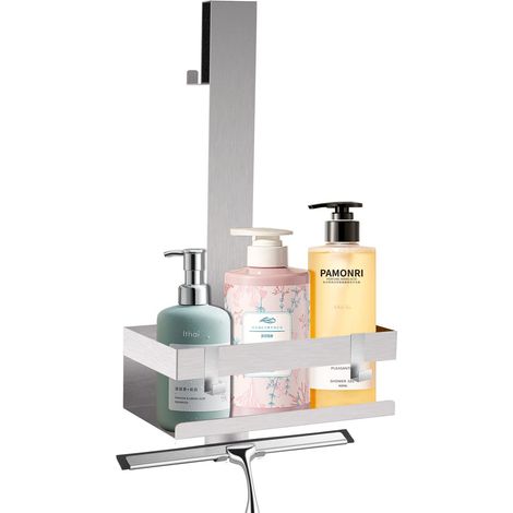 Etagere Douche Suspendue, sans Percage Panier de Douche en Acier Inoxydable, Support Douche avec Crochet pour Porte en Verre sans Cadre (1/5)