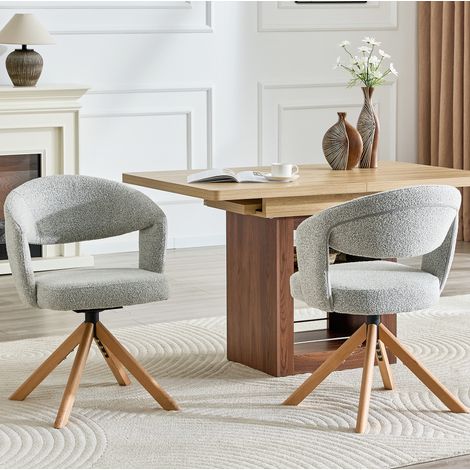 Lot de 2 chaises pivotantes rétro en tissu gris clair avec pieds en bois massif – H 81,5 cm (1/5)