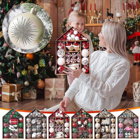 Boules de Noël incassables pour décoration de sapin de Noël, lot de 30 boules en plastique électroplaqué, décorées et peintes. (1/5)