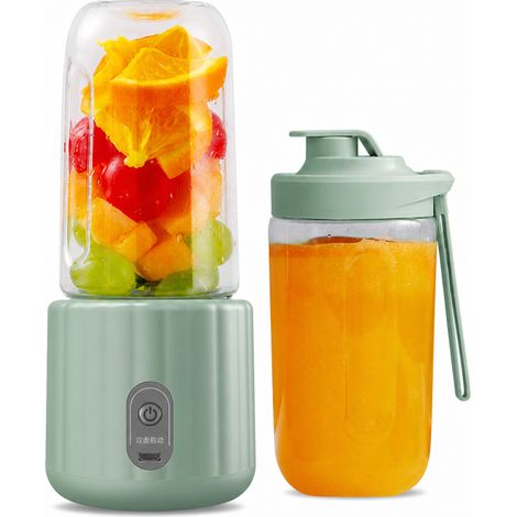 Blender Portable Rechargeable Vert, 6 Lames, 2 Gobelets avec Couvercles, pour Smoothies et Jus (1/5)