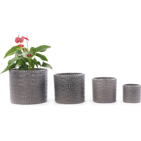 Pot de fleurs en céramique de taille moyenne Ø 31 cm, gris brillant à motif chevrons, respirant, résistant au gel avec trou de drainage, pour plantes moyennes et herbes aromatiques – 1 pièce (1/5)