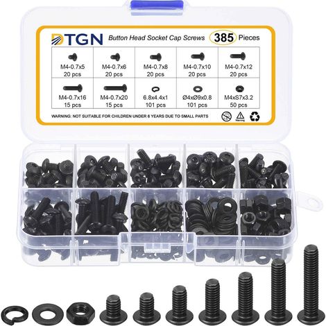 382Pcs M4-0.7x5/6/8/10/12/16/20mm Vis À Tête Bombée Hexagonale Creuse - Jeu De Boulons Écrous Rondelles En Acier Au Carbone - Pour Vélo De Route, VTT, Auto (1/5)