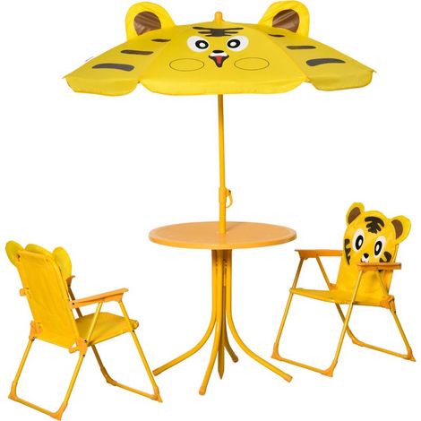 Ensemble Salon de Jardin Enfant 4 pcs Design Tigre - Table Ronde + 2 chaises Pliables + Parasol - métal époxy Oxford Jaune (1/5)