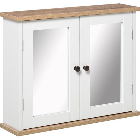 Armoire murale miroir salle de bain 2 niveaux avec étagère ajustable et 2 portes en bois, dimensions 56 x 14 x 46 cm