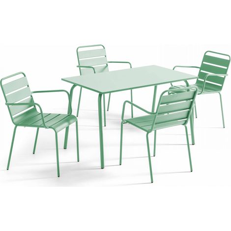 Ensemble table de jardin et 4 fauteuils en métal vert sauge - Palavas