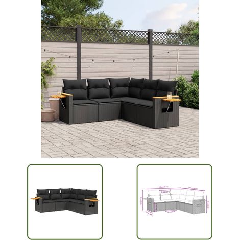 The Living Store Salon de jardin 5 pcs avec coussins noir résine tressée - Ensemble Salon De Jardin - Canapé Extérieur - Meuble De Jardin - Rotin Synthétique - Résine Tressée
