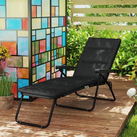 Bain de soleil pliable transat inclinable 6 positions avec matelas + accoudoirs acier polyester 153 x 58,5 x 89 cm noir