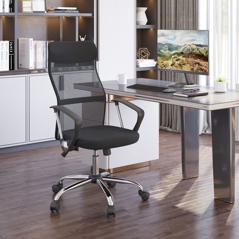 Sedia da ufficio 63x65x109-119 cm nera in schiuma con rete traspirante e funzione dondolo (1/5)