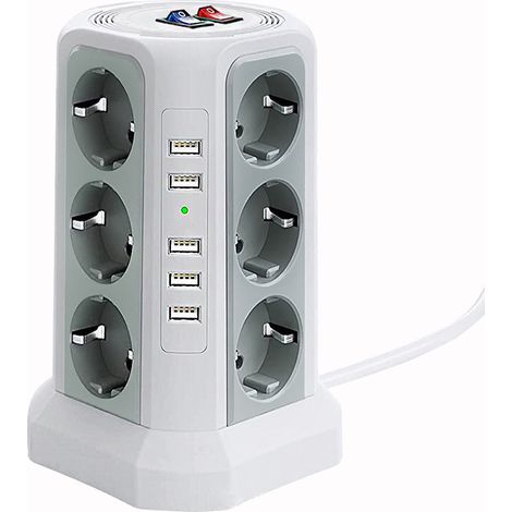 Tour multiprise parafoudre et surtension, Multiprise Electrique avec 5 Ports USB et 12 Prises, multiprise avec et 3 Interrupteurs, Blanc (1/3)
