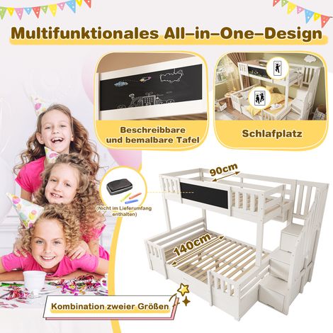 Lit superposé triple enfant en bois massif 90x200 et 140x200 cm, avec tableau ardoise, échelle rangement, tiroirs et placard. Mezzanine solide pour chambre, finition blanche, 3 couchages. (1/5)