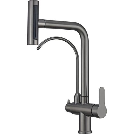 Robinet cascade multifonctionnel à 4 jets d'eau chaude et froide, douchette de cuisine, rotation à 360°, gris anthracite brossé. (1/5)