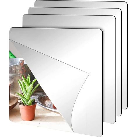 Miroir autocollant, lot de 4, 20 x 20 cm. Carreaux de miroir autocollants, miroir sans verre, en plastique, sticker mural décoratif, salle de bain, salon, chambre. (1/5)