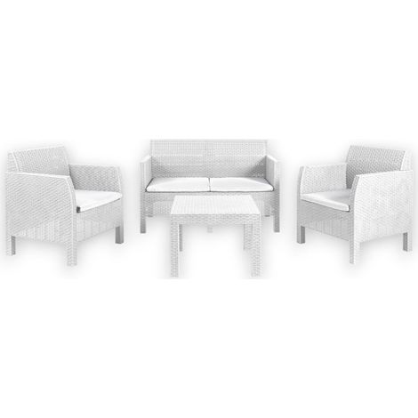Salotto 4 posti da esterno giardino divano e due poltrone con tavolino in resina effetto rattan con cuscini Matilde - (1/4)